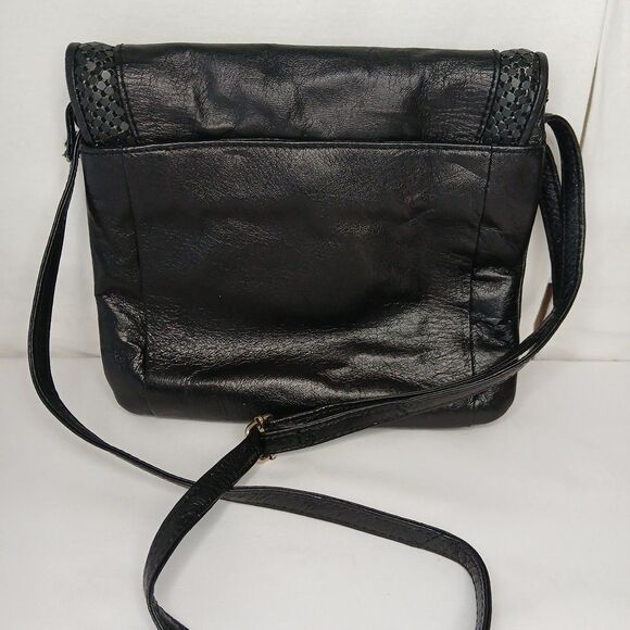 Elliot Lucca Leather Handbag Purse Crossbody Block Pattern Black Geometric - Picture 2 of 10